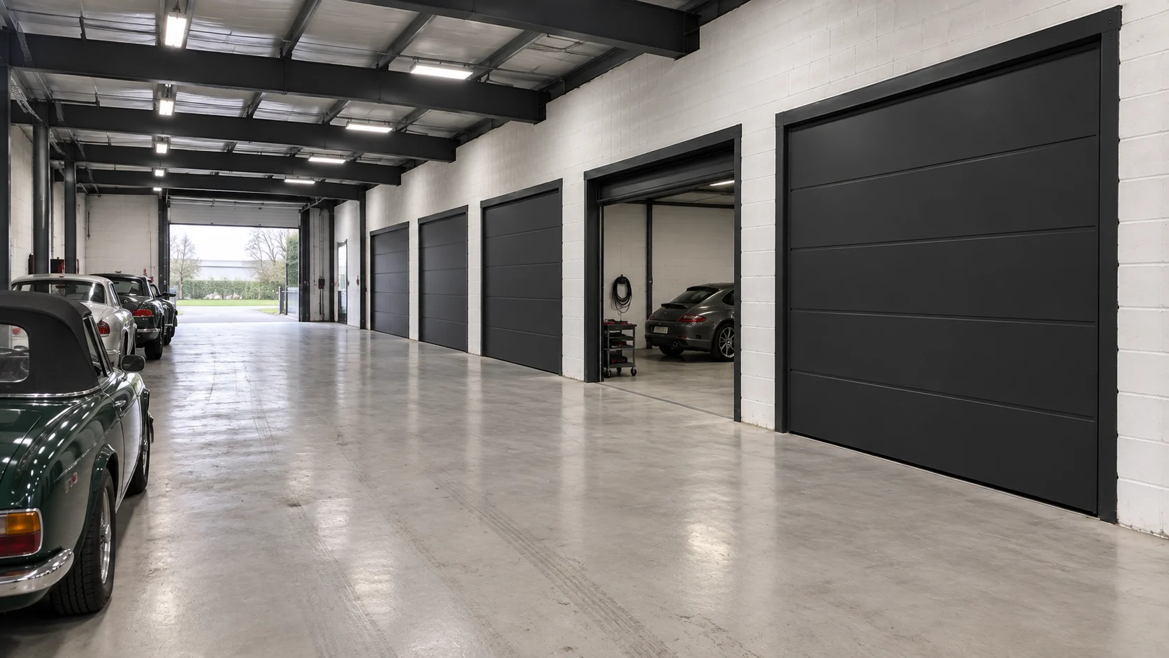 Hall de stockage avec des voitures de collection et des box individuels fermés