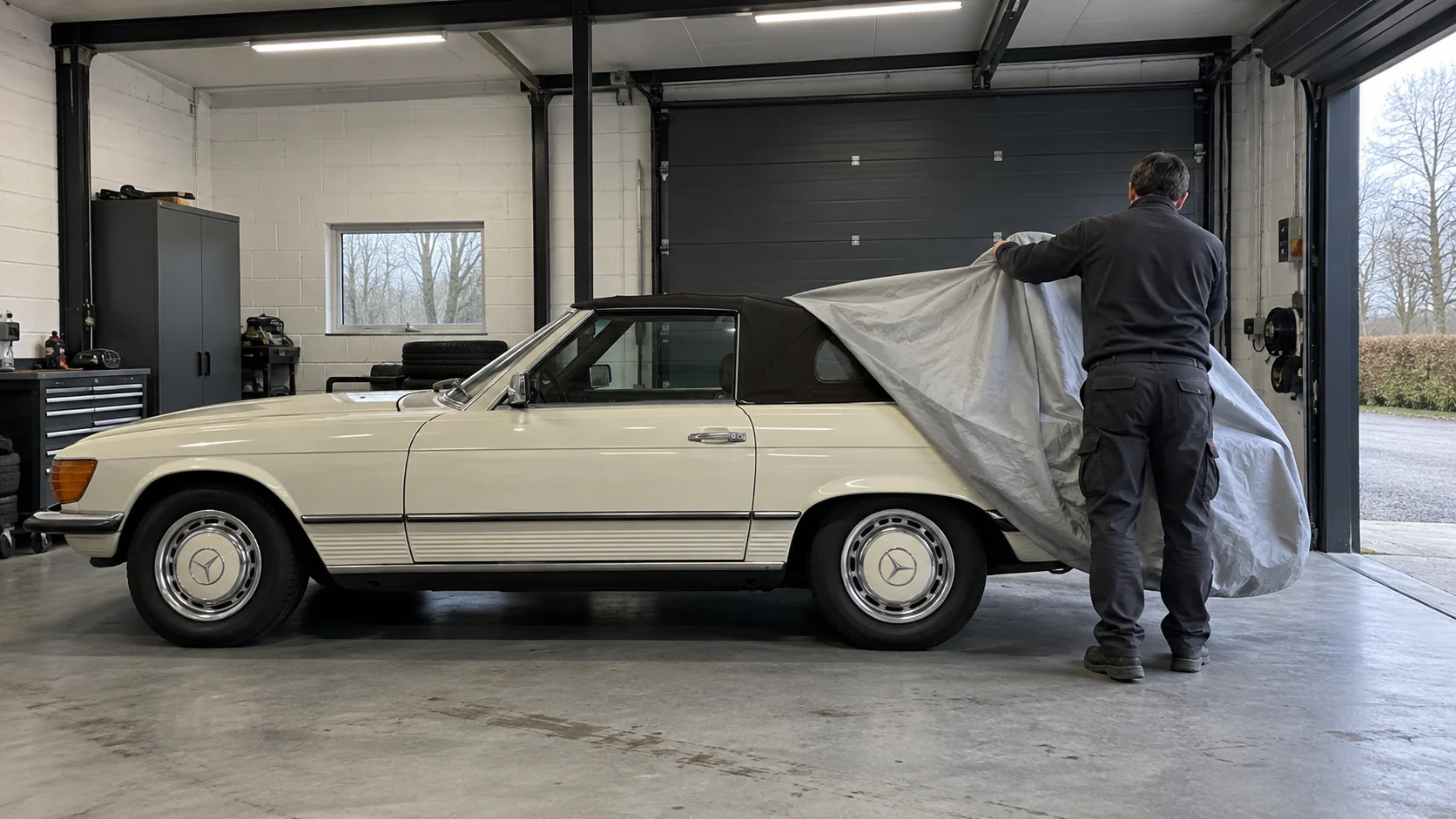 Een crèmekleurige cabriolet afdekken voor de winter