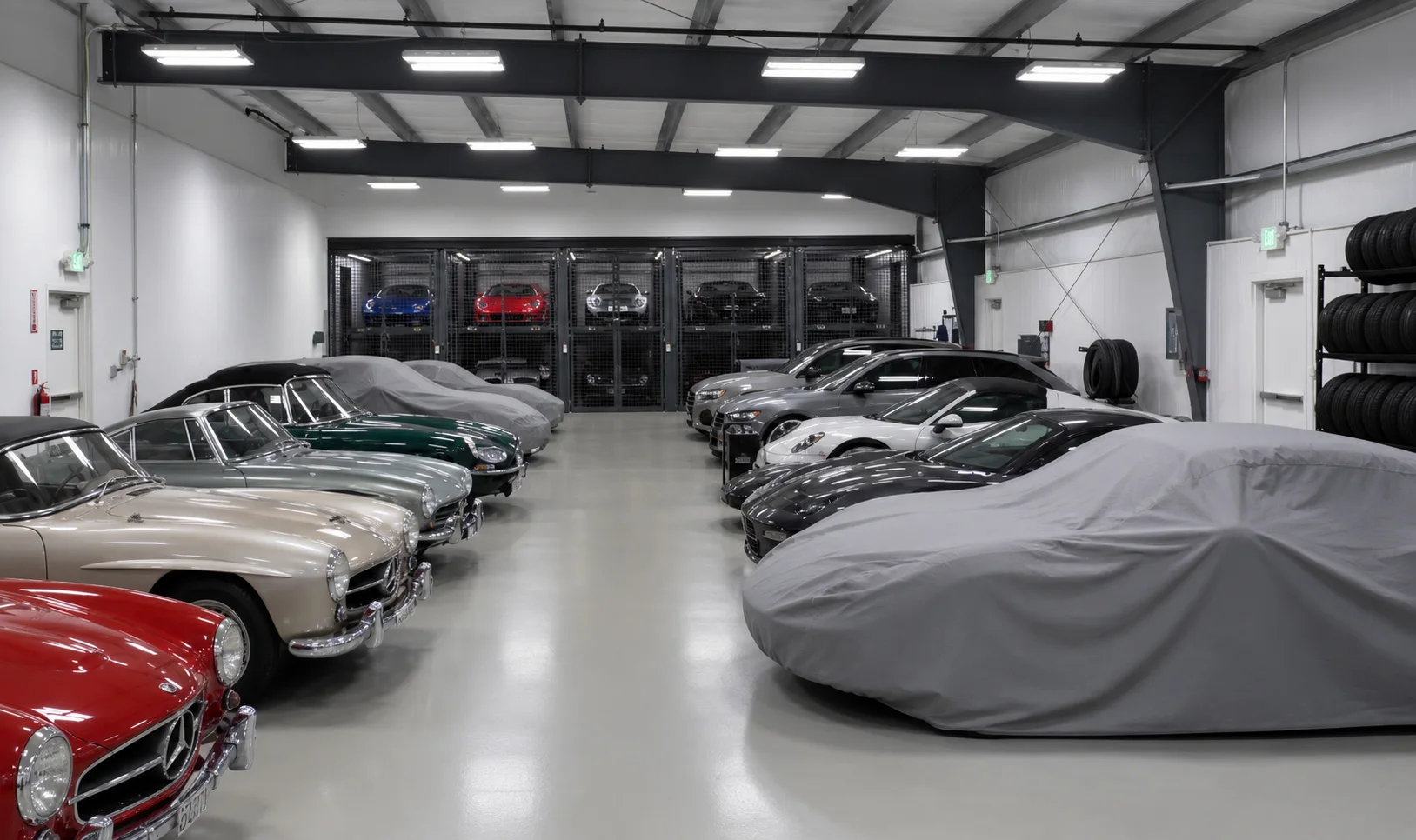 Hall automobile avec, au fond, des voitures derrière des portes métalliques grillagées