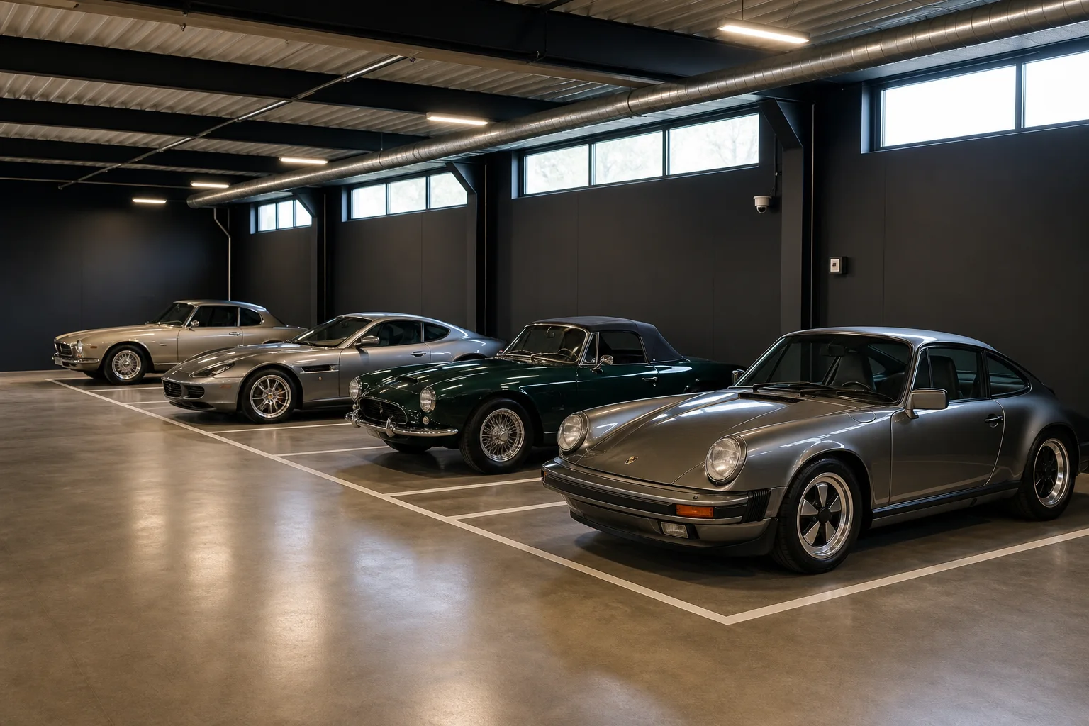 Voitures espacées dans un hall de stockage automobile surveillé